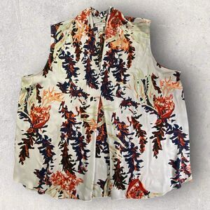 Liz Claiborne Woman 2X Sleeveless Floral Blouse Orange Navy Cream Poly EUC